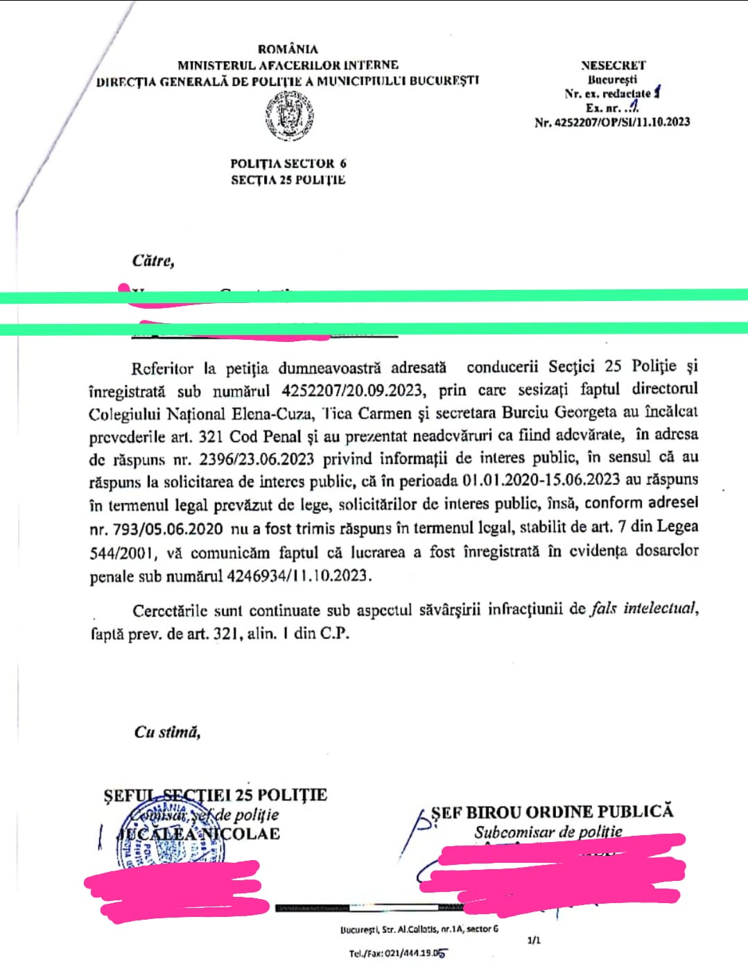 Dovada inceperii urmaririi penale de catre Sectia 25 politie