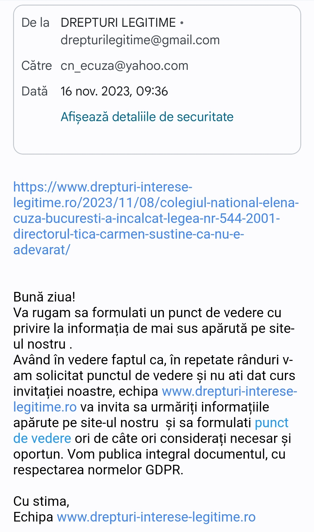 solicitare punct de vedere Colegiului National ''Elena Cuza'' Bucuresti