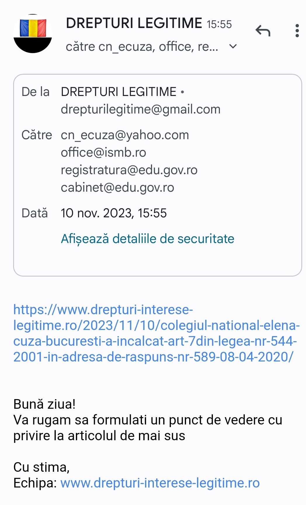 Solicitare punct de vedere cu privire la articolul refeirtor la incalcarea legii nr. 544/2001 de catre Colegiul National ''Elena Cuza'' Bucuresti, in adresa de raspuns nr. 589/08.04.2020