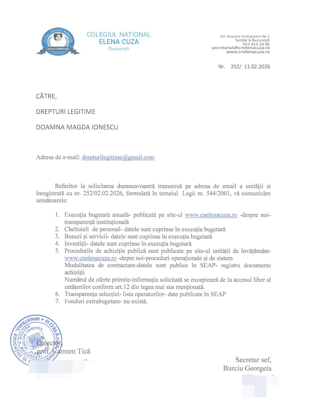 Raspuns Colegiul National Elena Cuza Bucuresti