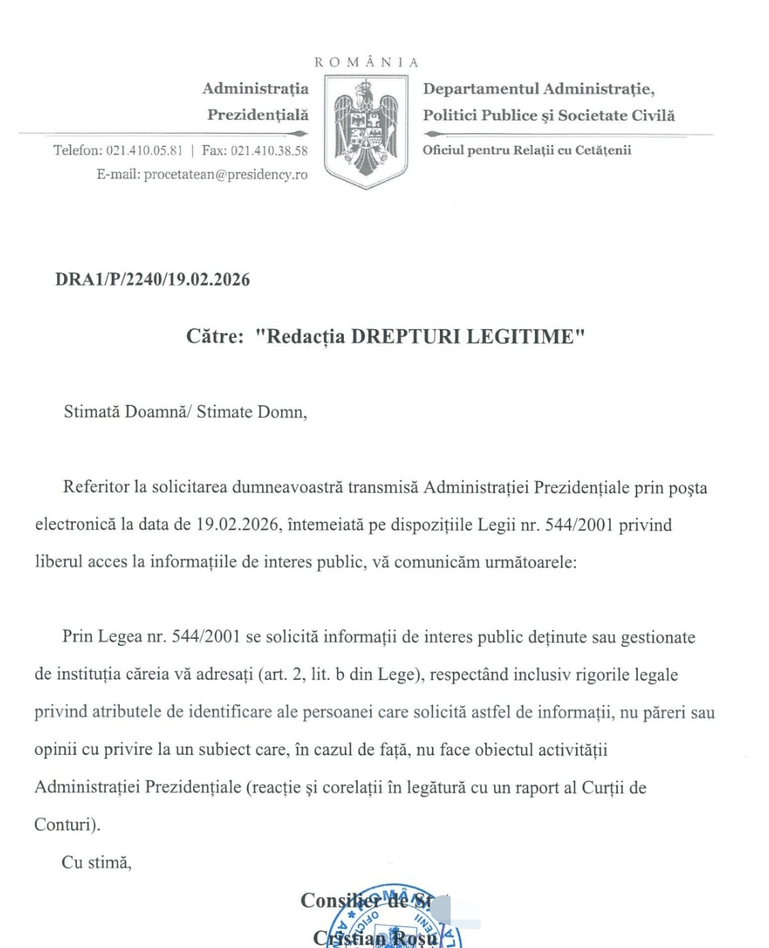 Raspuns administratia prezidentiala
